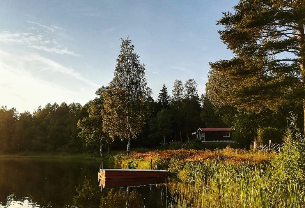 En brygga i en sjö vid en skog med en röd stuga.